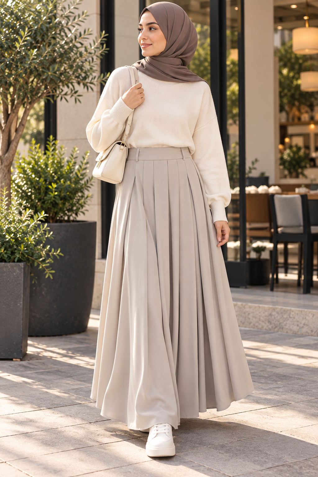 Jupe longue plissée beige
