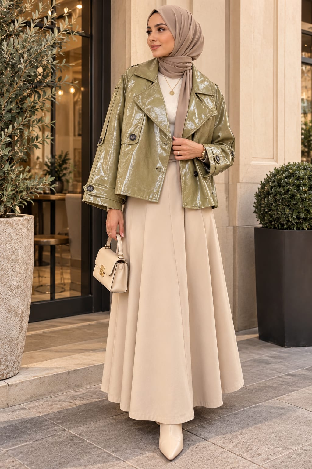 Jupe longue plissée beige