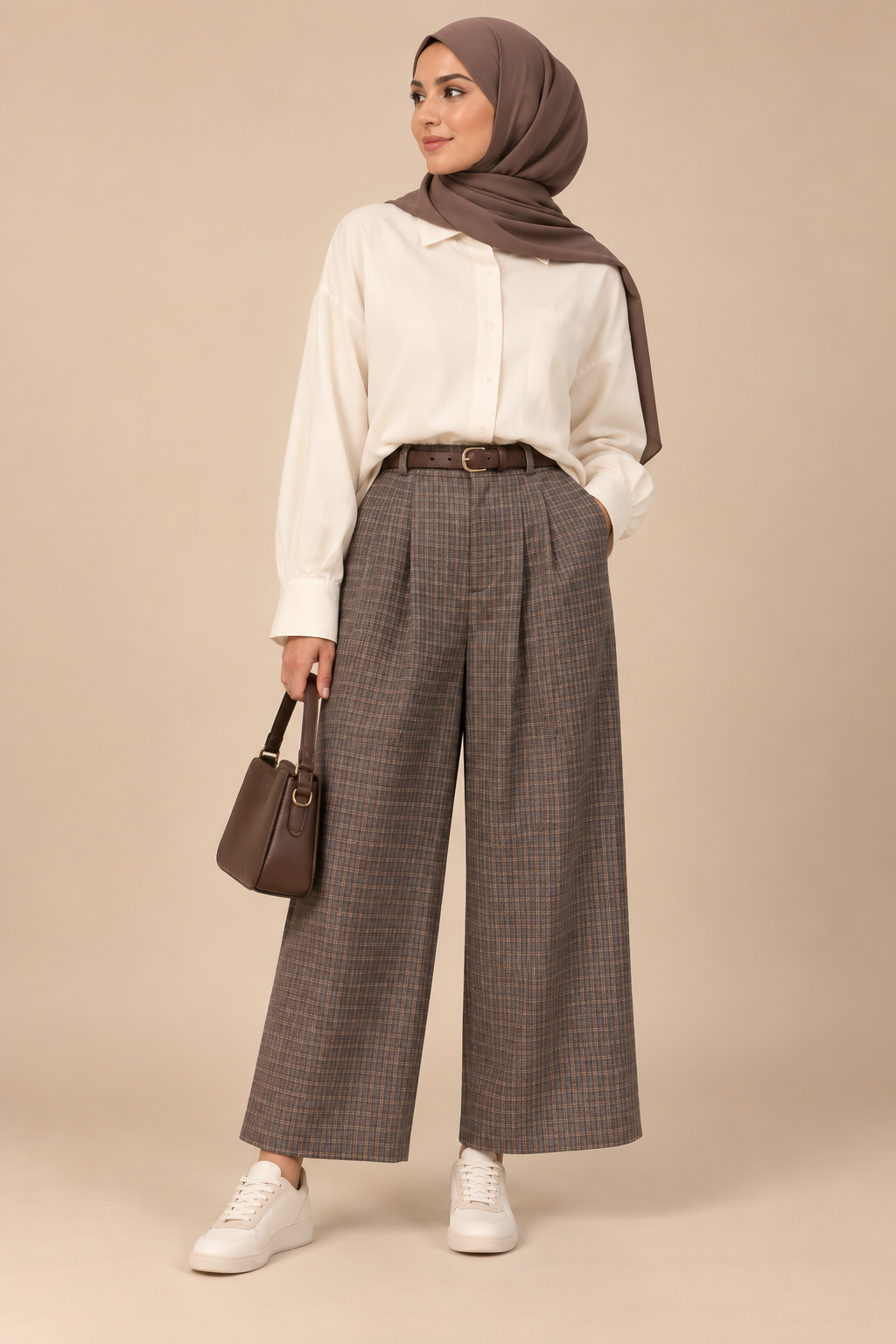 Pantalon large à carreaux – Marron