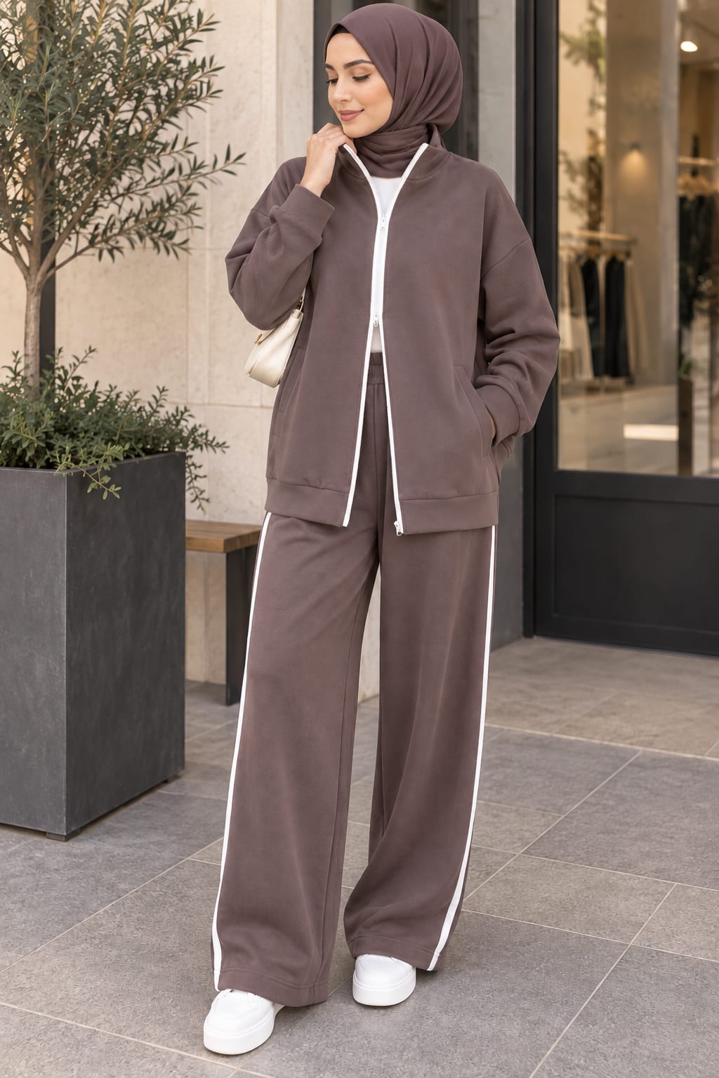 Ensemble jogging marron & blanc