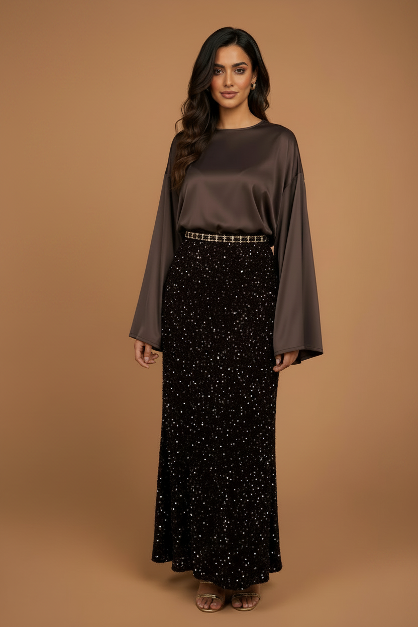 Brown Sequin Flare Skirt