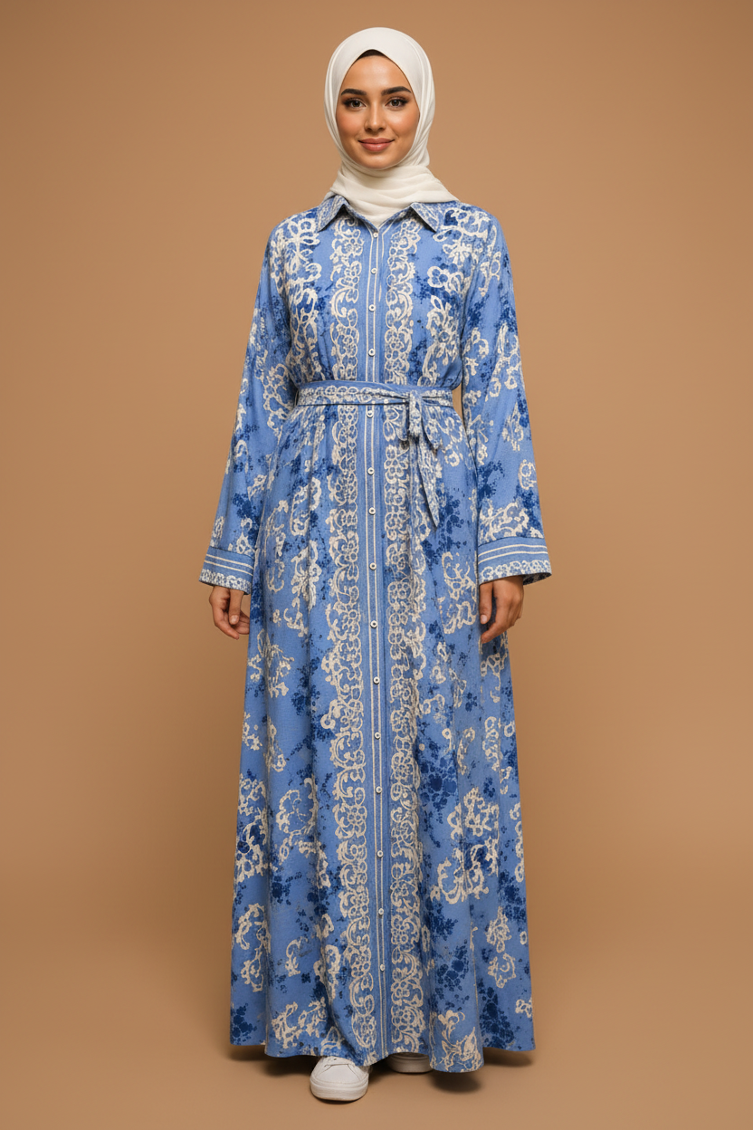 Robe longue Jasmine Bleue et Blanche