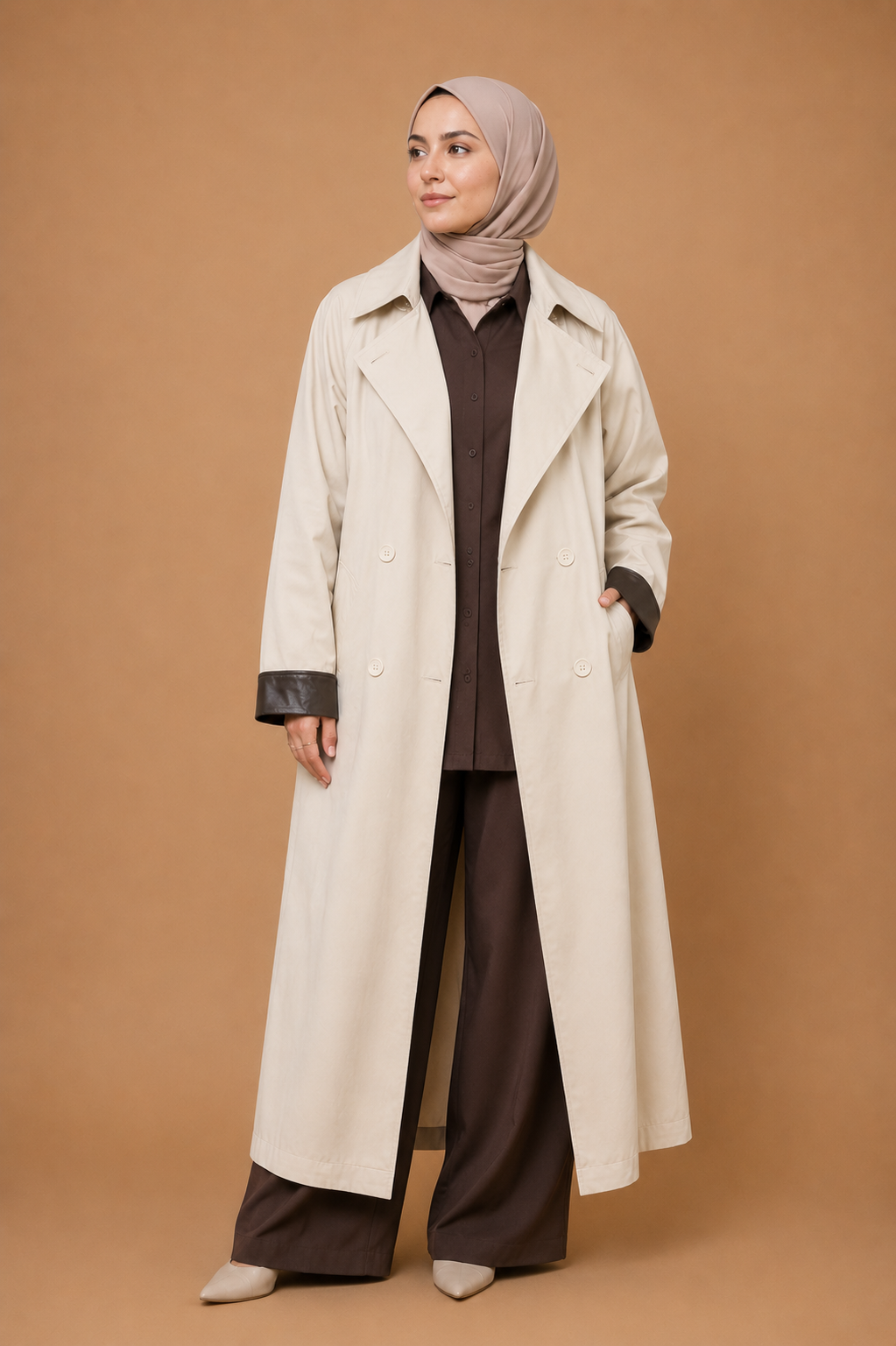 Trench long beige et marron