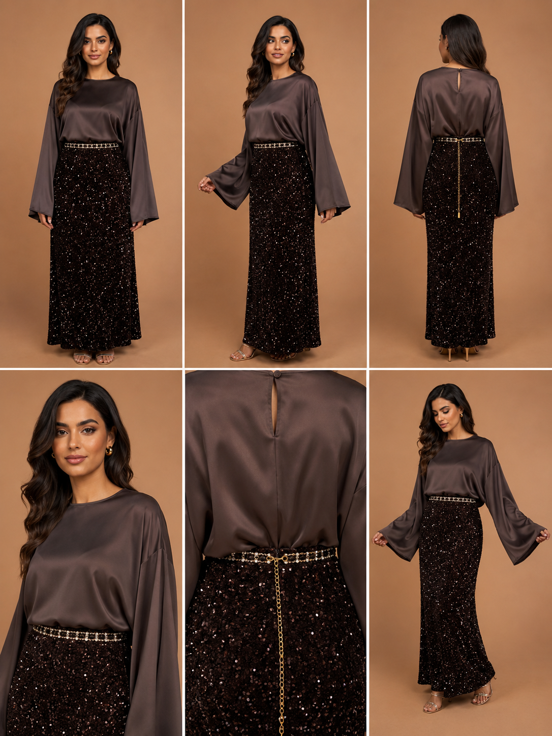Brown Sequin Flare Skirt