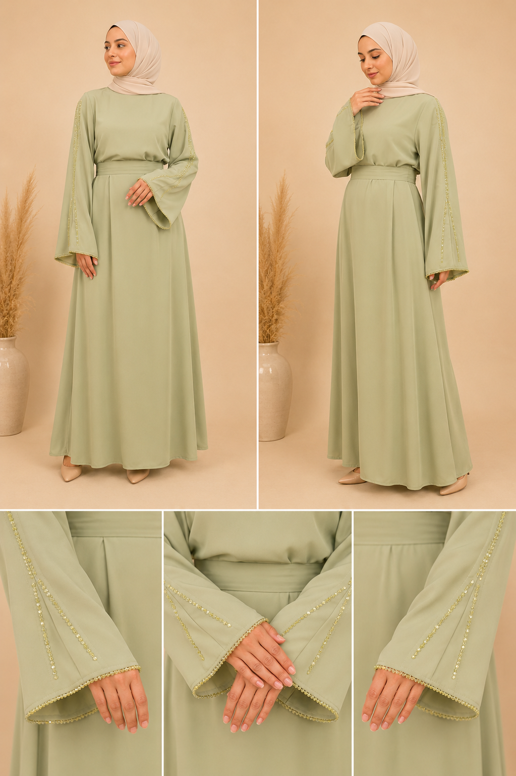 Green Rhinestone Abaya Dress Isra