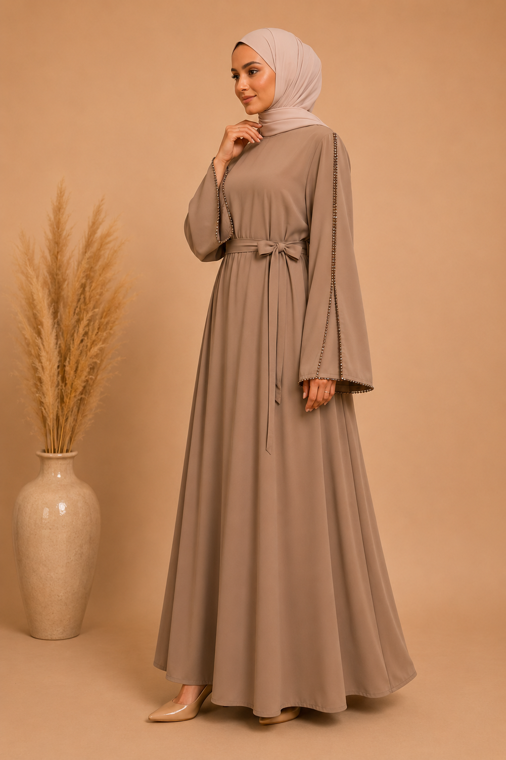 Taupe Abaya Dress with Rhinestones Isra