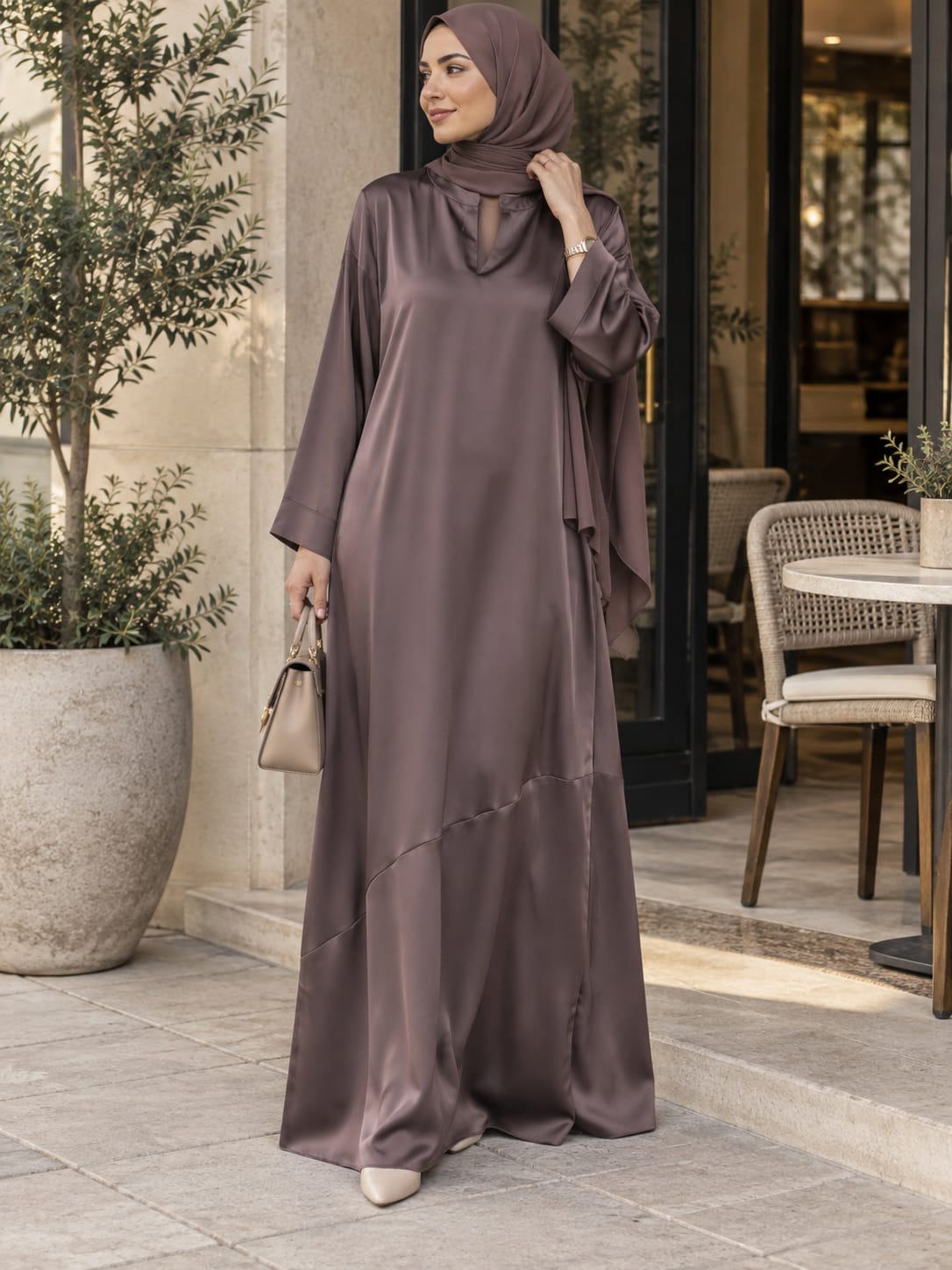 Robe longue satinée marron chocolat