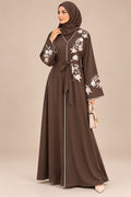 Abaya marron fleurie et pailletée