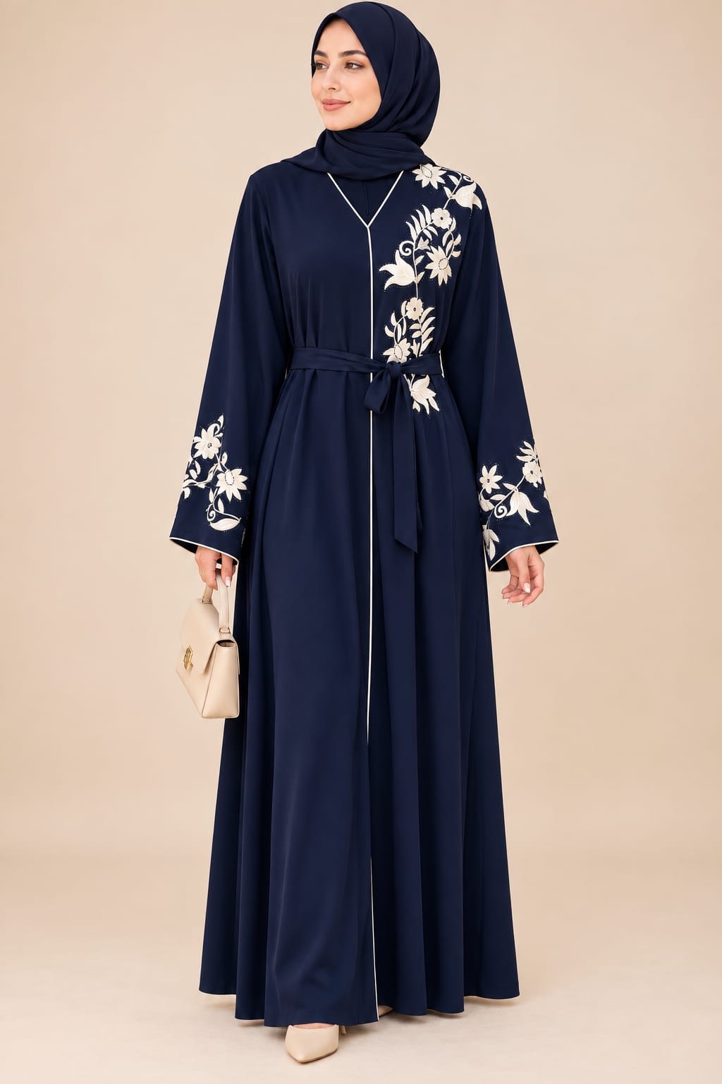 Abaya fleurie et pailletée bleu marine