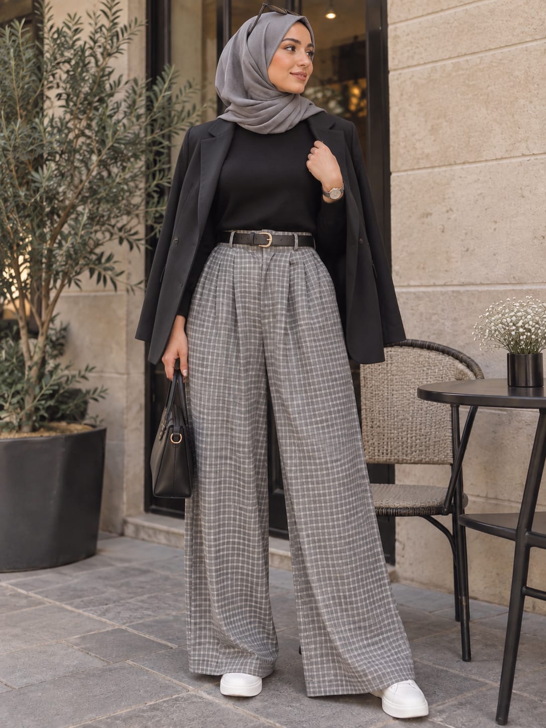 Pantalon large à carreaux – gris
